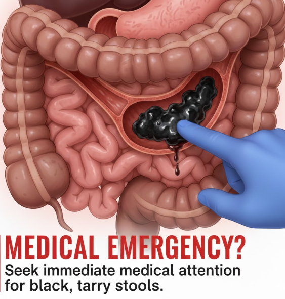 Black tarry stool indicating gastrointestinal bleeding