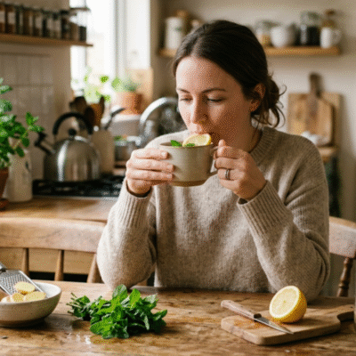 Natural home remedies for nausea and vomiting including ginger tea, peppermint, hydration, and the BRAT diet.