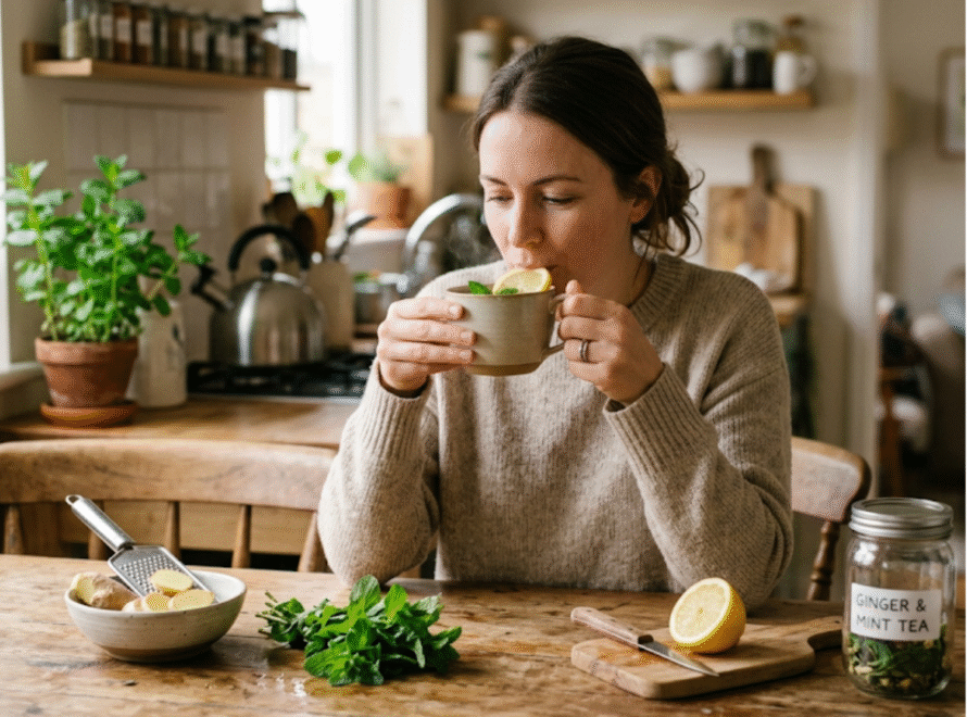 Natural home remedies for nausea and vomiting including ginger tea, peppermint, hydration, and the BRAT diet.