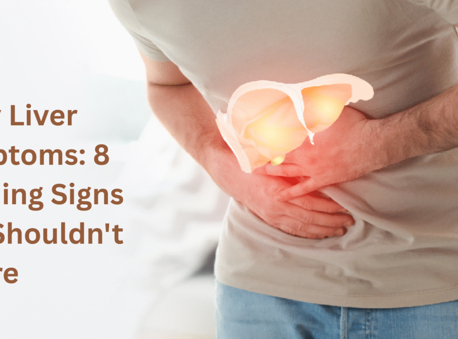 Fatty liver symptoms infographic showing 8 warning signs including fatigue, upper right abdominal pain, nausea, brain fog, weight gain, loss of appetite, dark neck skin, and jaundice.